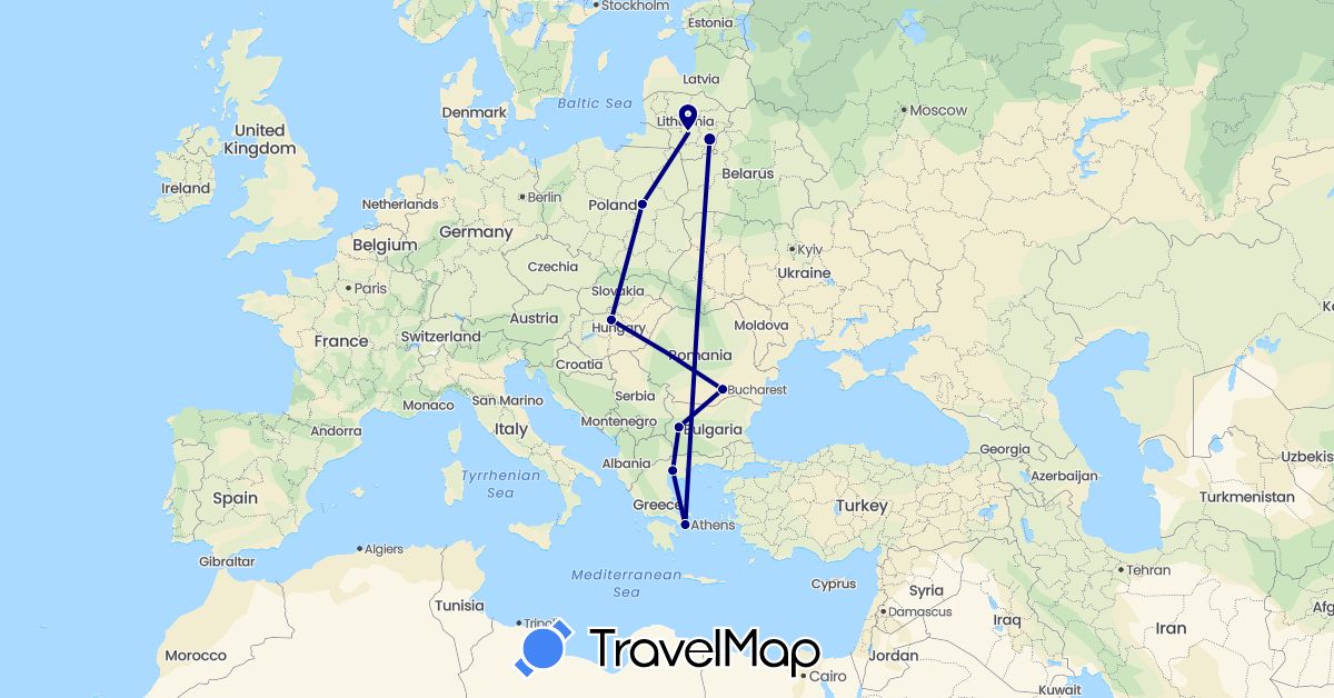 TravelMap itinerary: driving in Bulgaria, Greece, Hungary, Lithuania, Poland, Romania (Europe)